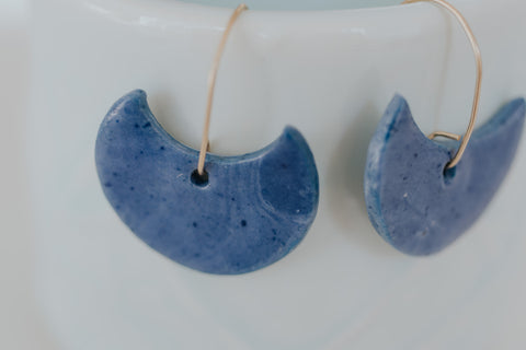 Half moons - Cobalt blue porcelain dangle earrings on gold filled wire